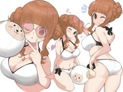 Rule 34 | 1girl, alternate hairstyle, arched back, arm behind back, ass, back, ball, bare shoulders, beachball, bikini, black bow, black ribbon, blunt bangs, blush, bow, breasts, brown eyes, cleavage, closed mouth, cowboy shot, cropped torso, unworn eyewear, from behind, girls und panzer, hand up, head tilt, heart, heart-shaped eyewear, highres, holding, holding removed eyewear, jewelry, large breasts, light brown hair, long hair, looking at viewer, multiple views, navel, necklace, one eye closed, parted lips, pink-tinted eyewear, pink-tinted glasses, ribbon, simple background, sitting, skindentation, smile, standing, sunglasses, swimsuit, takebe saori, thighs, tinted eyewear, v, wariza, white background, white bikini, yabai gorilla