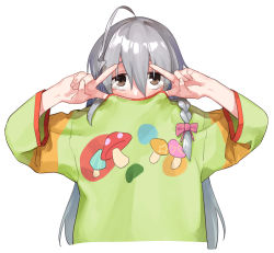 Rule 34 | 1girl, ahoge, blush, brown eyes, covering own mouth, double v, embarrassed, green shirt, grey hair, hair between eyes, hands up, highres, hoshi syoko, idolmaster, idolmaster cinderella girls, long hair, long sleeves, looking at viewer, muchi maro, ribbon, shirt, simple background, solo, upper body, v, v over eye, white background