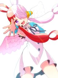 Rule 34 | 1girl, asymmetrical bangs, asymmetrical wings, blush, buttons, dress, feathered wings, foreshortening, gloves, hair over one eye, hair rings, hand on own chest, headphones, highres, looking at viewer, mmmera827, multicolored hair, neck ribbon, one piece, open mouth, purple eyes, reaching, reaching towards viewer, red hair, ribbon, sleeveless, sleeveless dress, smile, solo, split-color hair, twintails, uta (one piece), v-shaped eyebrows, white hair, wings