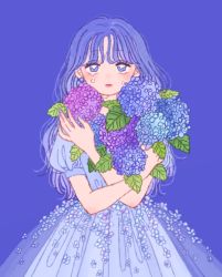Rule 34 | 1girl, blue flower, blue theme, crying, crying with eyes open, dress, floral dress, floral print, flower, highres, holding, holding flower, hydrangea, leaf, original, puffy short sleeves, puffy sleeves, purple background, purple dress, purple eyes, purple flower, purple hair, rikuwo, short sleeves, solo, teardrop, tears, watery eyes