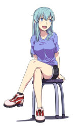 Rule 34 | 1girl, :d, alternate costume, aqua hair, arms at sides, black shorts, black socks, blue eyes, blue shirt, blush, breasts, commentary request, crossed legs, footwear ribbon, full body, hair between eyes, hair ornament, hairclip, ishii hisao, kantai collection, long hair, looking away, looking to the side, medium breasts, open mouth, red footwear, round teeth, shirt, shoes, short sleeves, shorts, simple background, smile, socks, solo, stool, straight hair, suzuya (kancolle), teeth, upper teeth only, v-neck, white background
