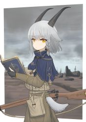 Rule 34 | 1girl, absurdres, black gloves, blue capelet, bolt action, book, braid, capelet, closed mouth, cloud, cloudy sky, day, expressionless, fantasy, from side, girls&#039; frontline, gloves, grey hair, gun, highres, holding, holding book, holding gun, holding weapon, horns, lee-enfield, lee-enfield (girls&#039; frontline), long hair, looking at viewer, military, military uniform, orange eyes, original, outdoors, rifle, short hair, sky, solo, srtdrawart, uniform, weapon