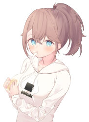 Rule 34 | 1girl, blue eyes, breasts, brown hair, clothes writing, commentary request, eating, food, hair between eyes, holding, holding food, hood, hood down, hoodie, long sleeves, medium breasts, mochi, onigiri print, original, ponytail, roido (taniko-t-1218), simple background, sleeves past wrists, solo, upper body, white background, white hoodie