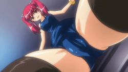 Rule 34 | 10s, animated, animated gif, blush, breasts, censored, from below, natsumize sukumi, red hair, spread legs, swimsuit, thick thighs, thighhighs, thighs, tsundere inran shoujo sukumi, twintails