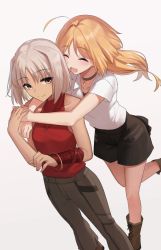 Rule 34 | 2girls, 428, ^ ^, ahoge, arms around neck, bad id, bad pixiv id, black shorts, blonde hair, bracelet, canaan (character), canaan (series), closed eyes, closed mouth, collar, collarbone, collared shirt, floating hair, grey background, grey pants, hair intakes, jewelry, long hair, multiple girls, okakasushi, oosawa maria, pants, pendant, red shirt, shirt, short hair, short shorts, short sleeves, shorts, silver hair, sleeveless, sleeveless shirt, smile, standing, white shirt, wing collar, yellow eyes