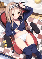 Rule 34 | 1girl, arm up, bed, blue pants, blue shirt, blush, breasts, brown eyes, brown hair, cameltoe, chair, cleavage, closed mouth, clothes lift, clothes pull, collarbone, commentary request, crotch seam, fingernails, forehead, from above, groin, hachimaki, headband, holding, holding stylus, indoors, lifting own clothes, long hair, long sleeves, looking away, looking down, navel, office chair, on chair, original, pajamas, panties, pants, pants pull, sasahara wakaba, shirt, shirt lift, side-tie panties, sitting, small breasts, solo, sticky note, stomach, striped, stylus, swivel chair, tablet pc, thighs, tile floor, tiles, underwear, very long hair, white panties, wing collar, wooden floor
