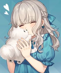 Rule 34 | 1girl, animal, blue background, blue bow, blue dress, blush, bow, braid, closed mouth, commentary request, dog, dress, closed eyes, fingernails, grey hair, hair bow, hands up, heart, highres, holding, holding animal, holding dog, karokuchitose, long hair, original, pomeranian (dog), puffy short sleeves, puffy sleeves, short sleeves, solo, upper body