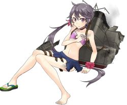 Rule 34 | &gt;:(, 10s, 1girl, akebono (kancolle), anchor, anklet, bag, barefoot, bell, bikini, drew (drew213g), fallen down, flip-flops, flower, frills, frown, full body, hair bell, hair flower, hair ornament, jewelry, jingle bell, kantai collection, long hair, looking at viewer, machinery, navel, official art, purple eyes, purple hair, ribbon, sandals, school uniform, serafuku, shoes, side ponytail, single shoe, sitting, skirt, smoke, solo, swimsuit, torn clothes, torpedo, transparent background, v-shaped eyebrows, very long hair