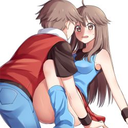 Rule 34 | 1boy, 1girl, ahoge, blue pants, blue shirt, breasts, brown eyes, brown hair, commentary request, creatures (company), game freak, leaf (pokemon), long hair, looking at another, nintendo, open mouth, pants, pleated skirt, pokemon, pokemon frlg, red (pokemon), red skirt, scbstella, shiny skin, shirt, short hair, short sleeves, skirt, sleeveless, sleeveless jacket, sleeveless shirt, sweatdrop, t-shirt, white background, wristband