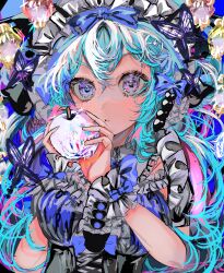 Rule 34 | 1girl, absurdres, apple, blue bow, blue hair, bow, bug, butterfly, colorful, commentary, dress, food, frilled dress, frills, fruit, hair between eyes, heart, heart-shaped pupils, highres, holding, holding food, holding fruit, insect, light blue hair, long hair, looking at viewer, maid, maid headdress, momae makku, original, parted lips, puffy short sleeves, puffy sleeves, purple eyes, short sleeves, solo, sparkle, symbol-shaped pupils, upper body, white wrist cuffs, wrist cuffs