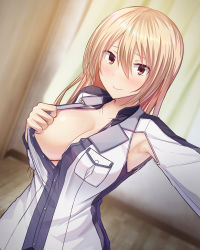 Rule 34 | 1girl, armpit cutout, armpits, asaba kakeru, blonde hair, blurry, blurry background, blush, breasts, brown eyes, closed mouth, clothes pull, clothing cutout, depth of field, dutch angle, hair between eyes, highres, indoors, jacket, jacket pull, large breasts, long hair, long sleeves, looking at viewer, no bra, open clothes, open jacket, original, pulled by self, reaching, reaching towards viewer, selfie, smile, solo, upper body