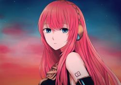 Rule 34 | 1girl, armband, bad id, bad twitter id, bare shoulders, black shirt, blue eyes, commentary, dusk, expressionless, from side, gold trim, headphones, highres, long hair, looking at viewer, megurine luka, moa0291, outdoors, parted lips, pink hair, portrait, shirt, shoulder tattoo, solo, star (sky), sunset, tattoo, vocaloid