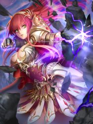 Rule 34 | 1girl, armor, breasts, cleavage, cowboy shot, faulds, gauntlets, green eyes, hairband, large breasts, long hair, official art, red hair, sammi hisame, shoulder armor, sidelocks, skirt, socicom, solo, pauldrons, very long hair
