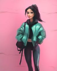 Rule 34 | 1girl, bag, black eyes, black hair, closed mouth, disney, hands in pockets, highres, lips, long hair, long sleeves, looking at viewer, aged up, pink background, ponytail, sam yang, simple background, vanellope von schweetz, wreck-it ralph