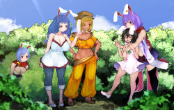 Rule 34 | 4girls, alternate costume, animal ears, aoshima, black hair, blonde hair, blue hair, breasts, camisole, capri pants, cheek pinching, cleavage, commentary request, earrings, facial mark, flat cap, forehead mark, hat, highres, inaba tewi, jewelry, large breasts, medium breasts, midriff, miniskirt, multiple girls, navel, pants, pinching, purple hair, rabbit ears, red eyes, red scarf, reisen (touhou bougetsushou), reisen udongein inaba, ringo (touhou), scarf, seiran (touhou), single earring, skirt, small breasts, touhou