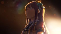 Rule 34 | 1girl, backlighting, black necktie, bow, brown hair, closed mouth, crown, from side, green bow, hair bow, highres, idol, idol clothes, idolmaster, idolmaster million live!, long hair, looking ahead, mini crown, narumi nanami, necktie, puffy short sleeves, puffy sleeves, red eyes, shiny trinity (idolmaster), short sleeves, solo, tanaka kotoha, upper body