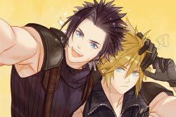 Rule 34 | ..., 2boys, armor, black gloves, blonde hair, blue eyes, closed mouth, cloud strife, earrings, final fantasy, final fantasy vii, ginmu, gloves, jewelry, male focus, multiple boys, open mouth, pauldrons, scar, scar on face, scratches, shoulder armor, simple background, smile, sparkle, yellow background, zack fair, zipper, zipper pull tab