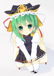Rule 34 | 1girl, asymmetrical hair, bad id, bad pixiv id, female focus, from above, green eyes, green hair, hat, highres, looking up, matching hair/eyes, pleated skirt, purin jiisan, rod of remorse, shiki eiki, short hair, sitting, skirt, solo, thighhighs, touhou, white thighhighs