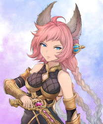 Rule 34 | 1girl, absurdres, ahoge, animal ears, bare shoulders, blue eyes, bracer, braid, breasts, cat ears, closed mouth, detached sleeves, granblue fantasy, gun, hair ornament, highres, holding, holding gun, holding weapon, large breasts, long braid, long hair, long sleeves, looking at viewer, multicolored background, multiple braids, pink hair, solo, tien (granblue fantasy), upper body, weapon, yuki7128