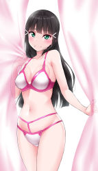 Rule 34 | 1girl, bare arms, black hair, blunt bangs, blush, bra, breasts, cleavage, collarbone, curtains, green eyes, hair ornament, highres, kurosawa dia, long hair, looking at viewer, love live!, love live! sunshine!!, mole, mole under mouth, navel, panties, see-through, simple background, sleeveless, small breasts, smile, solo, standing, two-tone bra, two-tone panties, underwear, underwear only, white background, x hair ornament, yopparai oni