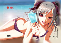 Rule 34 | 1girl, bikini, breasts, cleavage, collarbone, commentary request, dated, day, food, front-tie bikini top, front-tie top, graphite (medium), grey hair, hair ribbon, idolmaster, idolmaster cinderella girls, kanzaki ranko, kou (kadopara), lipstick, looking at viewer, lying, makeup, mechanical pencil, medium hair, ocean, on side, pencil, popsicle, purple bikini, purple ribbon, recording, red eyes, ribbon, side-tie bikini bottom, small breasts, smile, solo, swimsuit, traditional media, twintails, viewfinder