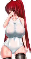 Rule 34 | 1girl, black legwear, blush, breasts, cameltoe, cleavage, curvy, huge breasts, kousaka tamaki, long hair, looking at viewer, one-piece swimsuit, plump, red eyes, red hair, shiny skin, skindentation, solo, standing, swimsuit, thigh gap, to heart (series), to heart 2, totoya, white background, white one-piece swimsuit