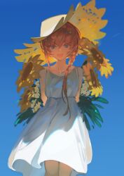 Rule 34 | 1girl, 9472, alternate costume, arms behind back, blue eyes, blue sky, bouquet, braid, collarbone, commentary request, contrail, crossed bangs, day, dress, fate/grand order, fate (series), feet out of frame, flower, hair over shoulder, half-closed eyes, hat, holding, holding bouquet, long hair, looking at viewer, open mouth, orange hair, outdoors, shade, side braid, sky, sleeveless, sleeveless dress, smile, solo, spaghetti strap, standing, straw hat, sundress, sunflower, sunlight, van gogh (fate), white dress, white flower, wind, wind lift