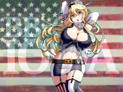 Rule 34 | 1girl, american flag background, american flag legwear, asymmetrical legwear, blonde hair, blue eyes, breasts, character name, cleavage, cowboy shot, elbow gloves, flag print, front-tie top, garter straps, gloves, hair between eyes, headgear, highres, iowa (kancolle), kantai collection, large breasts, long hair, looking at viewer, mismatched legwear, open mouth, oso (toolate), skirt, solo, star-shaped pupils, star (symbol), striped clothes, striped skirt, striped thighhighs, symbol-shaped pupils, thighhighs, twitter username, vertical-striped clothes, vertical-striped skirt, vertical-striped thighhighs, watermark, web address, white background