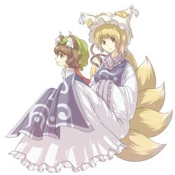 Rule 34 | 2girls, animal ears, bad id, bad pixiv id, blonde hair, brown hair, cat ears, cat girl, cat tail, chen, female focus, fox tail, hands in opposite sleeves, hat, multiple girls, multiple tails, short hair, tail, touhou, urin, yakumo ran, yellow eyes