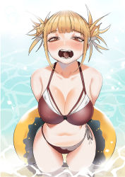 Rule 34 | 1girl, bikini, blonde hair, blunt bangs, blush, boku no hero academia, breasts, cleavage, double bun, fangs, from above, hair bun, highres, innertube, large breasts, looking at viewer, open mouth, solo, swim ring, swimsuit, thighs, toga himiko, water, yellow eyes, zd (pixiv6210083)