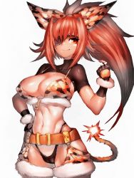 Rule 34 | 1girl, animal ears, bikini, breasts, camouflage, camouflage bikini, cleavage, commentary, dark-skinned female, dark skin, eyepatch, fang, fumio (rsqkr), hair intakes, large breasts, long hair, looking at viewer, narrow waist, navel, red eyes, red hair, simple background, smile, solo, standing, swimsuit, tail, white background