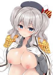 Rule 34 | 10s, 1girl, beret, blue eyes, blush, bottomless, breasts, employee uniform, epaulettes, frilled sleeves, frills, gloves, hat, kantai collection, kashima (kancolle), large breasts, looking at viewer, military, military uniform, mitsukazu (nijigen complex), nipples, open clothes, open shirt, shirt, silver hair, smile, solo, twintails, uniform, wavy hair, white gloves
