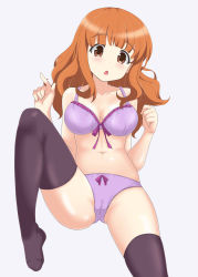 Rule 34 | 1girl, :o, bare shoulders, black thighhighs, blunt bangs, blush, bra, breasts, brown eyes, cameltoe, clenched hand, collarbone, eyebrows, female focus, girls und panzer, hands up, head tilt, highres, index finger raised, knee up, large breasts, lavender bra, lavender panties, lingerie, long hair, looking at viewer, lying, midriff, monochrome background, navel, neck, nendoroya, on back, open mouth, orange hair, panties, purple panties, shiny clothes, shiny skin, simple background, solo, spread legs, takebe saori, thighhighs, underwear, white background