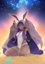 Rule 34 | animal ears, barefoot, blush, breasts, covered navel, dark-skinned female, dark skin, fate/grand order, fate (series), highres, hori shin, jackal ears, jewelry, long hair, looking at viewer, necklace, nitocris (fate), nitocris (fate/grand order), nitocris (swimsuit assassin) (fate), nitocris (swimsuit assassin) (second ascension) (fate), one-piece swimsuit, purple eyes, purple hair, seiza, sitting, sky, solo, star (sky), starry sky, swimsuit