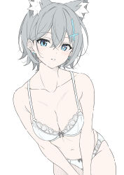 Rule 34 | 1girl, animal ear fluff, animal ears, bare shoulders, blue archive, blue eyes, blush, bow, bow bra, bow panties, bra, breasts, cleavage, collarbone, cross, cross hair ornament, earrings, extra ears, grey hair, hair ornament, hashtag-only commentary, highres, inverted cross, jewelry, looking at viewer, masabodo, medium breasts, mismatched pupils, navel, panties, shiroko (blue archive), short hair, simple background, solo, stud earrings, underwear, upper body, white background, white bra, white panties, wolf ears, wolf girl