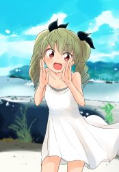 Rule 34 | 1girl, :d, absurdres, anchovy (girls und panzer), barashiya, blue sky, blush, breasts, cleavage, cloud, cloudy sky, collarbone, day, dress, drill hair, girls und panzer, green hair, hair ribbon, hand up, highres, leaning forward, long hair, looking at viewer, ocean, open mouth, ribbon, rock, sky, smile, solo, standing, twin drills, twintails