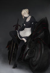 Rule 34 | 1girl, apron, artoria pendragon (all), artoria pendragon (fate), black bow, black choker, black dress, black footwear, black thighhighs, blonde hair, boots, bow, breasts, brown eyes, choker, closed mouth, commentary request, dress, excalibur morgan (fate), fate/grand order, fate (series), frilled choker, frills, grey background, hair bow, hair bun, head tilt, high heel boots, high heels, highres, maid headdress, marumoru, motor vehicle, motorcycle, official alternate costume, puffy short sleeves, puffy sleeves, saber alter, short sleeves, sidelocks, single hair bun, small breasts, solo, thigh boots, thighhighs, waist apron, white apron