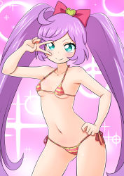 Rule 34 | 10s, 1girl, ahoge, aqua eyes, arm up, bare shoulders, bikini, blush, bow, breasts, cameltoe, closed mouth, collarbone, covered erect nipples, cowboy shot, female focus, hair bow, hand on own hip, happy, heart, highres, idol time pripara, long hair, looking at viewer, manaka laala, mikomo, multicolored bikini, multicolored clothes, navel, pink background, pretty series, pripara, purple hair, red bow, side-tie bikini bottom, skindentation, small breasts, smile, solo, sparkle, standing, string bikini, striped bikini, striped clothes, swept bangs, swimsuit, underboob, v over eye, very long hair