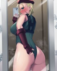 Rule 34 | 1girl, absurdres, artist request, ass, bare legs, bare shoulders, blonde hair, blue eyes, cammy white, curvy, embarrassed, fingerless gloves, from behind, gloves, green leotard, hat, highleg, highleg leotard, highres, holding, holding phone, huge ass, leotard, lips, long hair, looking at viewer, looking back, mirror, mirror image, phone, revealing clothes, selfie, shiny skin, short hair, skindentation, sleeveless, sleeveless leotard, steaming body, street fighter, street fighter 6, sweat, thong leotard, very long hair, wide hips