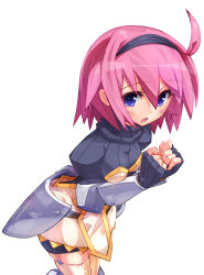 Rule 34 | 1girl, ahoge, blue eyes, fingerless gloves, gloves, hairband, leaning forward, ooyama kina, open mouth, original, pink hair, simple background, solo, vambraces, white background