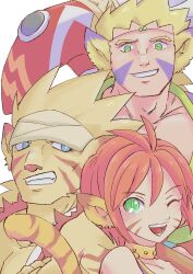 Rule 34 | 1girl, 2boys, absurdres, animal ears, blonde hair, breath of fire, breath of fire ii, breath of fire iii, breath of fire iv, cat ears, cat tail, cray (breath of fire), damegamega, facial mark, highres, looking at viewer, monster girl, multiple boys, one eye closed, open mouth, orange hair, pointy ears, rei (breath of fire), rinpoo chuan, short hair, simple background, smile, tail, white background