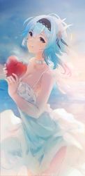 Rule 34 | 1girl, :q, absurdres, artist name, backlighting, bare shoulders, black hairband, blue hair, blue sky, blush, breasts, brown eyes, choker, cleavage, closed mouth, collarbone, cowboy shot, day, dress, eula (genshin impact), food, genshin impact, hairband, heart, highres, holding, holding food, holding heart, long hair, looking at viewer, medium breasts, ocean, outdoors, sky, sleeveless, sleeveless dress, smile, solo, sundress, sunlight, swkl:d, symbol-only commentary, tongue, tongue out, water, white choker, white dress
