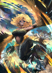 Rule 34 | 1girl, bare shoulders, bird legs, black feathers, black wings, blonde hair, breasts, curly hair, feathered wings, feathers, harpy, highres, long hair, looking at viewer, medium breasts, minksama, monster girl, navel, original, partially feathered tail, pointy ears, scales, solo, talons, tree, two-tone wings, winged arms, wings, yellow feathers