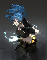 Rule 34 | 1girl, absurdres, blue eyes, blue hair, cargo pants, earrings, facing viewer, gloves, gogalking, highres, jewelry, leona heidern, long hair, midriff, pants, ponytail, snk, solo, tank top, the king of fighters