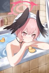 1boy 1girl absurdres bathing bathroom bathtub black_wings blue_archive chinese_commentary chiyo_akira closed_mouth collarbone commentary_request doodle_sensei_(blue_archive) feathered_wings halo hands_on_own_chin head_wings highres in_bathtub koharu_(blue_archive) light_blush looking_inside nude pink_eyes pink_hair red_halo rubber_duck sensei_(blue_archive) solo_focus tile_wall tiles tongue tongue_out towel towel_on_head water wet wings