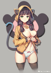 Rule 34 | 1girl, 7lark, animal ears, animal hood, areola slip, bad id, bad pixiv id, blush, breasts, brown hair, cameltoe, cat ears, cat hood, cat tail, green eyes, hood, large breasts, looking at viewer, panties, simple background, solo, tail, thighhighs, twintails, underwear