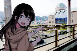 Rule 34 | 1girl, akagi (kancolle), alternate costume, artist name, black hair, brown eyes, building, car, commentary request, dated, from behind, hood, hooded dress, hoodie, kantai collection, kirisawa juuzou, long hair, looking back, motor vehicle, parking lot, photo background, pointing, solo, straight hair, upper body, watch, wristwatch