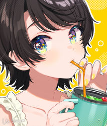 Rule 34 | 1girl, black hair, blue eyes, blush, collarbone, cup, drink, drinking, drinking straw, halftone, halftone background, highres, holding, holding cup, hololive, lips, looking at viewer, nail polish, oozora subaru, polka dot, polka dot background, portrait, shigure ui, short hair, smile, solo, star (symbol), star in eye, symbol in eye, virtual youtuber, yellow background, yellow nails