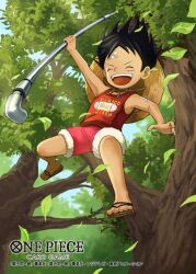Rule 34 | 1boy, ^ ^, aged down, bandaid, bandaid on face, black hair, child, closed eyes, commentary request, copyright name, flip-flops, forest, hat, holding, leaf, male focus, monkey d. luffy, muraicchi (momocchi), nature, official art, one piece, one piece card game, open mouth, red shorts, red tank top, sandals, scar, scar on face, shorts, solo, straw hat, tank top, teeth, upper teeth only