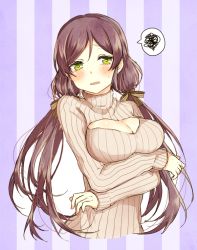 Rule 34 | 10s, 1girl, akakura, blush, bow, breast hold, breasts, cleavage, cleavage cutout, clothing cutout, crossed arms, d:, green eyes, hair bow, large breasts, long hair, looking at viewer, love live!, love live! school idol project, meme attire, open-chest sweater, open mouth, purple hair, ribbed sweater, solo, spoken squiggle, squiggle, striped, striped background, sweat, sweater, tojo nozomi, turtleneck, twintails, vertical stripes